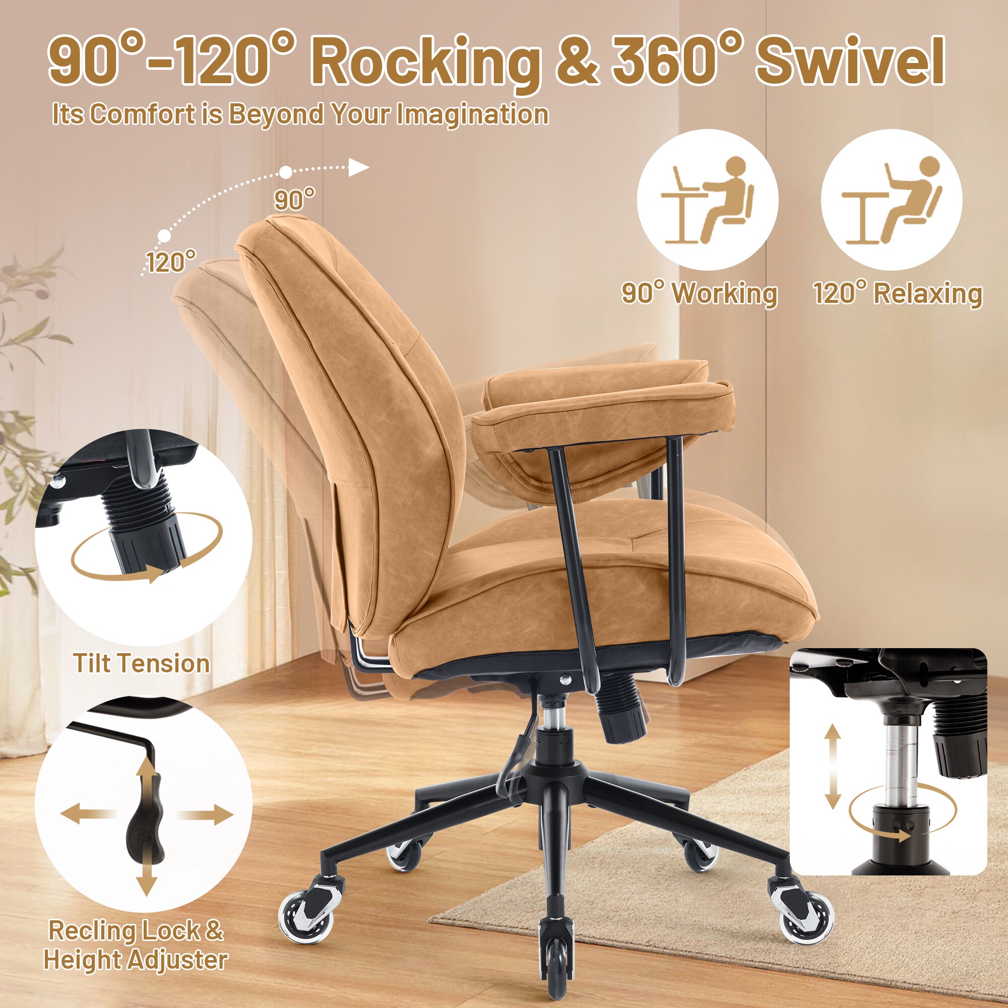 Home Office Desk Chair Retro Leather Chair With Lumbar Support &Rubber Wheels, Mid Back Ergonomic Computer Chair Swivel Rolling Work Chair_maomaolike.com